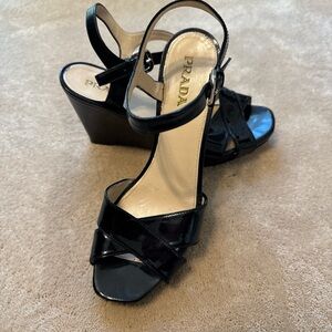 Prada Black Patent Leather Platform Wedge Sandals